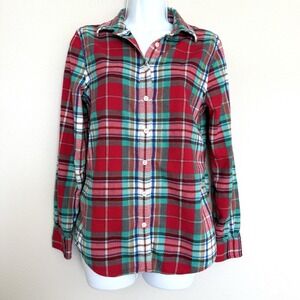 Lands End Red Plaid Flannel Button Up Womens 2 Long Sleeve Cabincore Rustic Prep